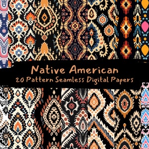 Op de afbeelding: 20 digitale papieren met patronen geïnspireerd op de Amerikaanse inheemse cultuur. De patronen zijn kleurrijk en geometrisch, met een mix van zwart, wit, oranje, blauw en roze.