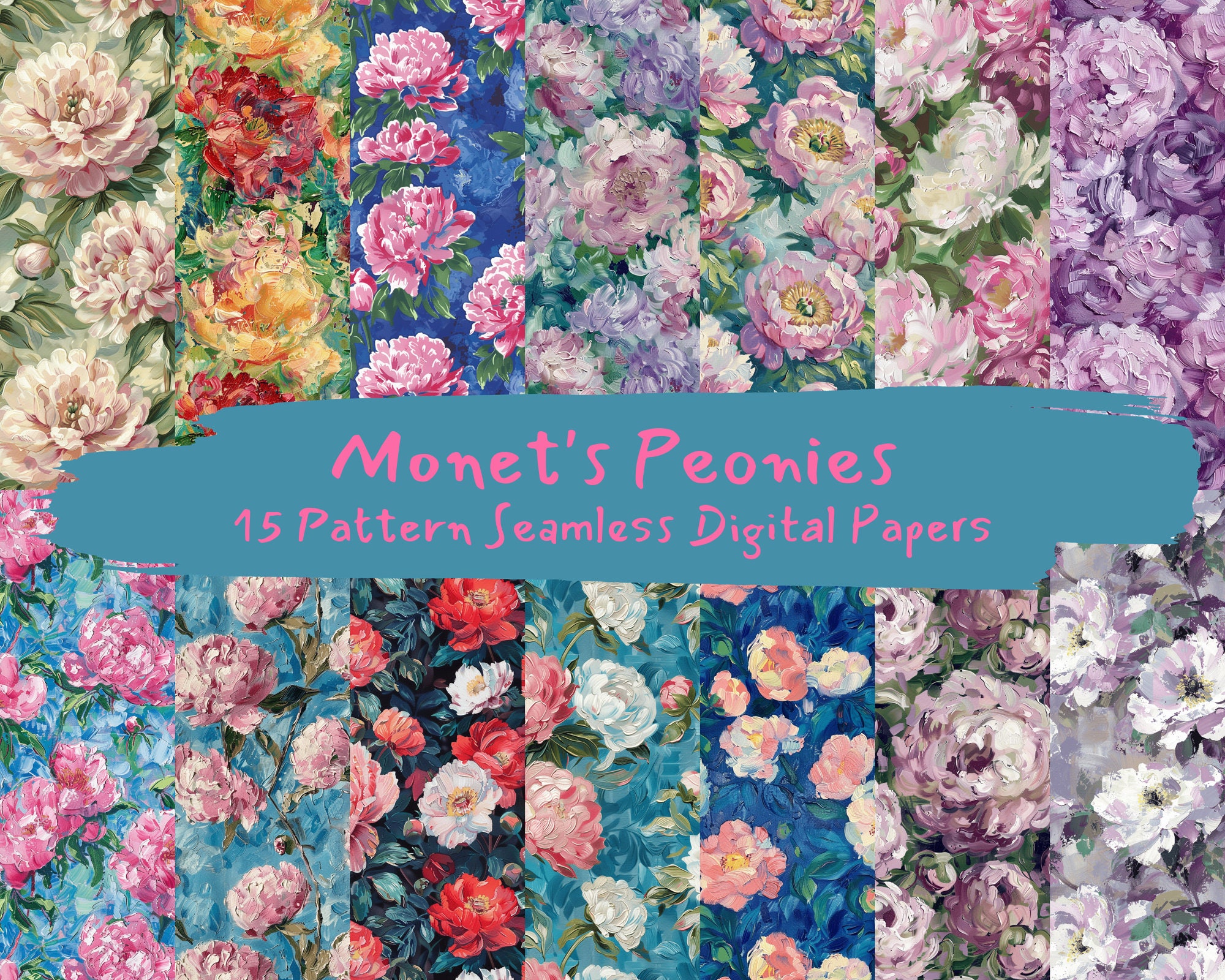 Monet's Peonies Pattern Seamless Digital Papers - Printable Scrapbook ...