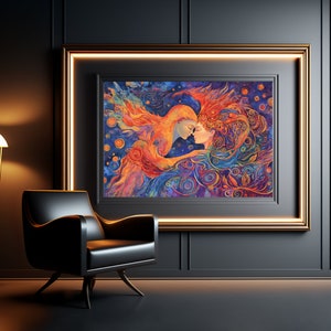 May include: A painting of two figures embracing, with one figure in fiery orange and the other in blue and purple. The figures are surrounded by swirling patterns and stars.