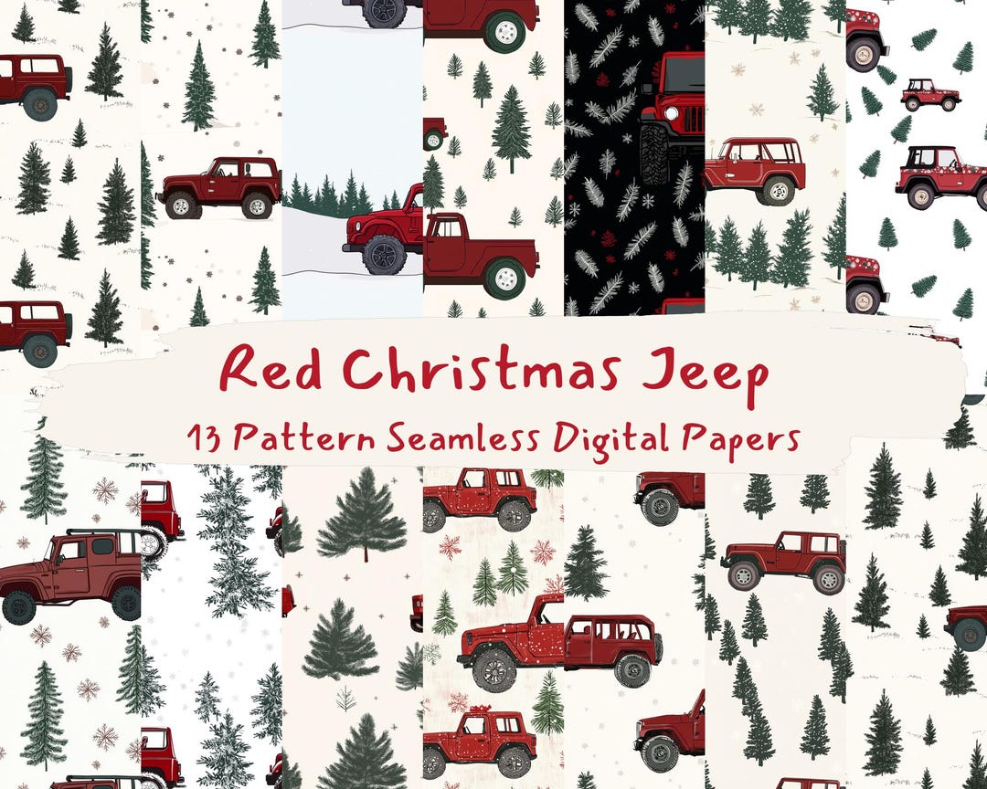 Red Christmas Jeep Pattern Seamless Digital Papers - Printable Scrapbook Paper Png Instant ...