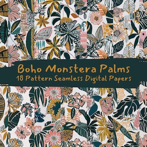 Puede incluir: Un diseño de papel digital con un collage de hojas y flores tropicales en tonos rosa, dorado, verde azulado y blanco. El texto "Boho Monstera Palms" y "18 Pattern Seamless Digital Papers" se muestra en una pancarta verde oscuro.