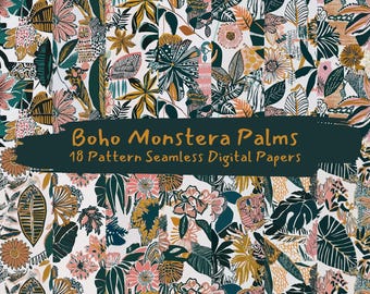Boho Monstera Palmen Muster nahtlose digitale Papiere - printable Scrapbook Papier png sofortiger Download kommerzielle Nutzung 300dpi