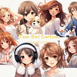 Teen Girl Cartoon digital clipart bundle in PNG format transparent background instant download for commercial use