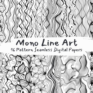 Puede incluir: Un conjunto de 16 papeles digitales sin costuras en blanco y negro que presentan varios patrones de arte lineal. Los patrones incluyen diseños florales, líneas onduladas y formas abstractas. El texto "Mono Line Art 16 Pattern Seamless Digital Papers" se muestra sobre un fondo blanco.