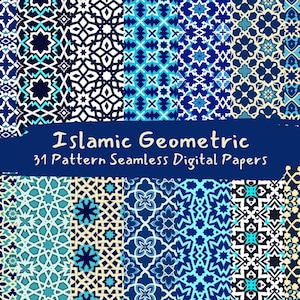 Può includere: Un set di 31 carte digitali con motivi geometrici islamici in blu, bianco e beige. I motivi sono senza cuciture e possono essere utilizzati per una varietà di progetti.