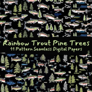 Rainbow Trout Pine Trees Pattern Seamless Digital Papers - printable scrapbook paper png instant download commercial use 300dpi