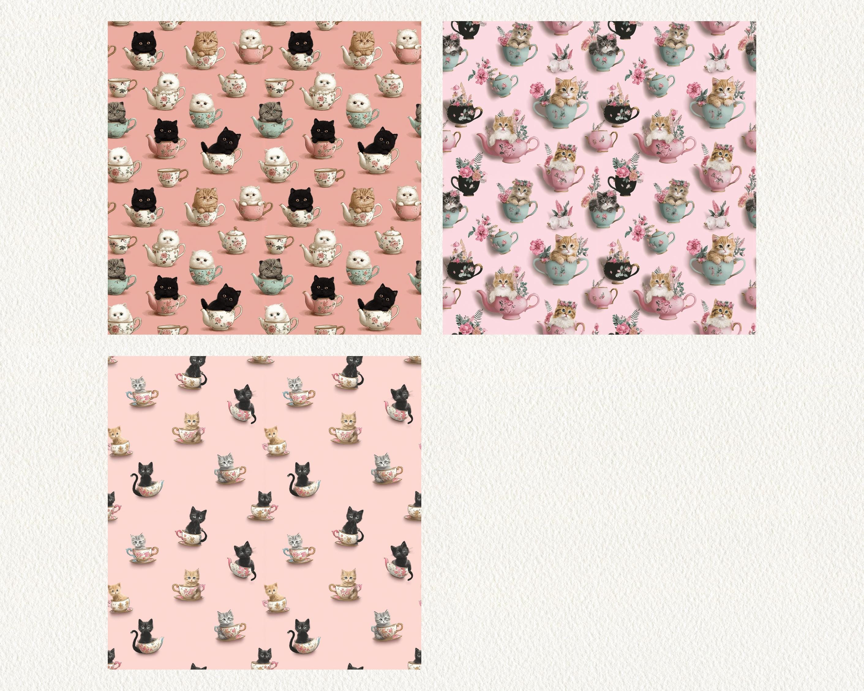 Teacup Cats Kittens Pattern Seamless Digital Papers - Printable ...