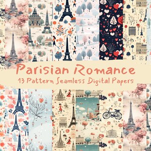 May include: A set of 13 digital papers featuring Parisian-themed patterns. The patterns include the Eiffel Tower, bicycles, hearts, flowers, and buildings. The papers are perfect for scrapbooking, card making, and other crafting projects.