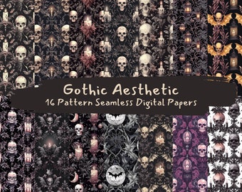 May include: A set of 16 digital paper patterns featuring a gothic aesthetic. The patterns include skulls, candles, bats, and other spooky elements in black, white, and gray colors.