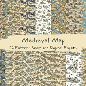 Medieval Map Pattern Seamless Digital Papers - printable scrapbook paper png instant download commercial use 300dpi