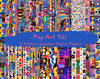 Papeles digitales sin costuras con estampados pop art de los años 90: papel para álbum de recortes imprimible, descarga instantánea, uso comercial, 300 ppp