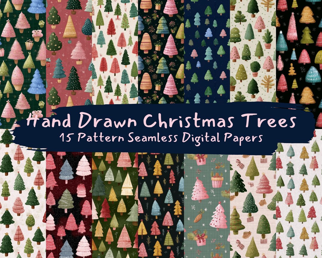 Hand Drawn Christmas Trees Pattern Seamless Digital Papers - Printable ...