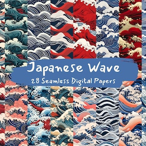 Może przedstawiać: Zbiór 28 cyfrowych papierów z bezszwowym wzorem niebieskich, czerwonych i białych fal w japońskim stylu. Na obrazie widnieje tekst "Japanese Wave" i "28 Seamless Digital Papers".