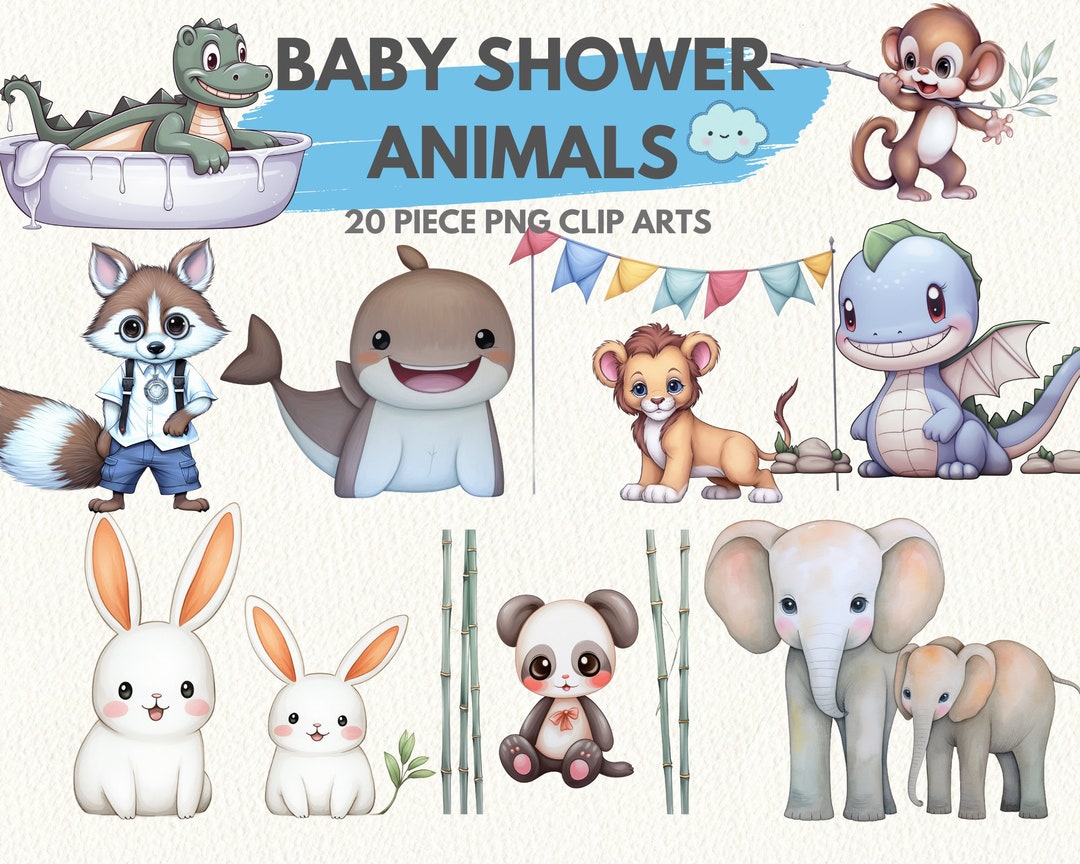 Baby Shower Animals Digital Clipart Bundle in PNG Format Transparent ...