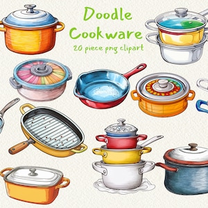 Può includere: Un set di 20 illustrazioni doodle disegnate a mano di vari utensili da cucina, tra cui pentole, padelle e coperchi. Le illustrazioni sono in uno stile cartone animato colorato e presentano una varietà di colori, tra cui rosso, blu, giallo, verde e arancione.