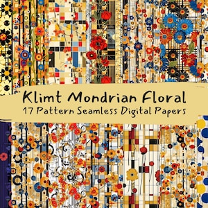 May include: A digital paper pack with 17 seamless patterns featuring abstract geometric designs, floral motifs, and Klimt-inspired artwork. The patterns are in a variety of colors, including yellow, red, blue, and black.