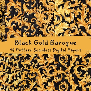 Puede incluir: Un conjunto de 14 papeles digitales con patrones sin costuras de diseños barrocos dorados sobre un fondo negro.  Black Gold Baroque. 14 Pattern Seamless Digital Papers.