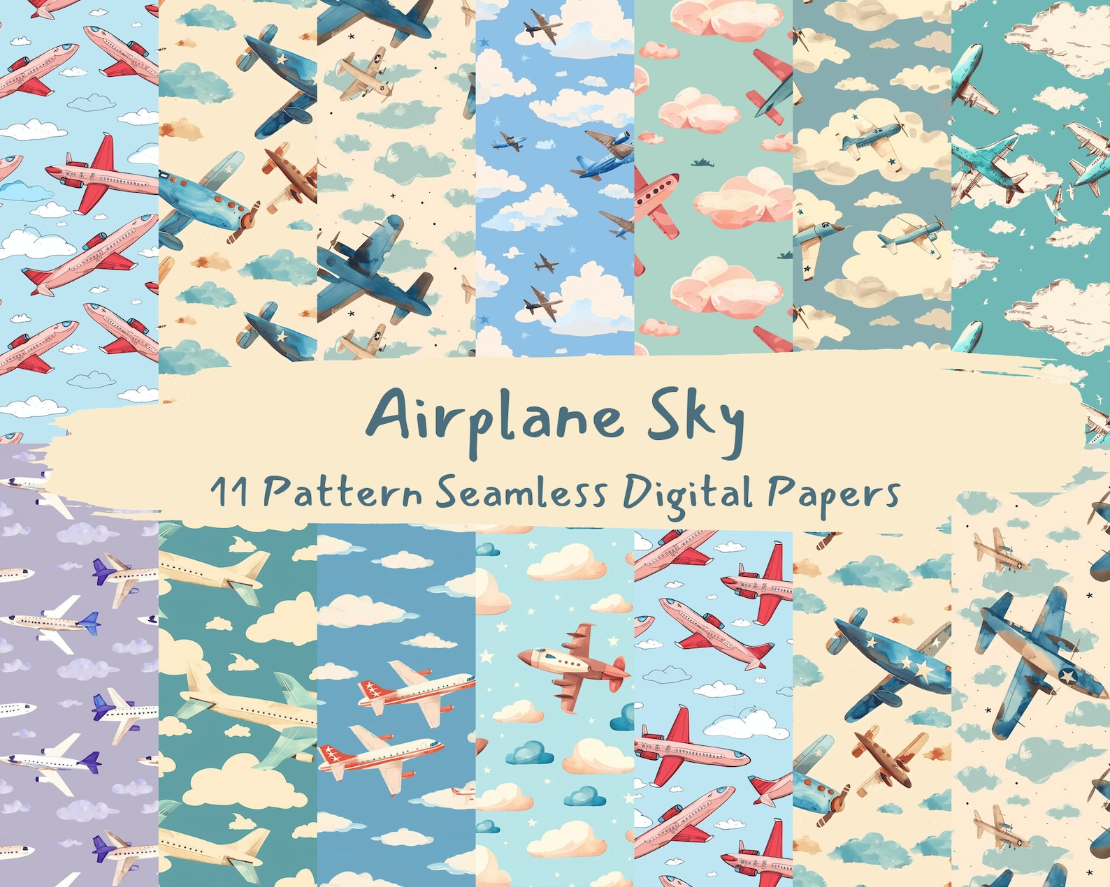 Airplane Sky Pattern Seamless Digital Papers - Printable Scrapbook ...
