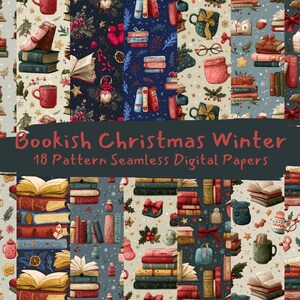 Puede incluir: Una colección de 18 papeles digitales sin costuras con un tema navideño de invierno de libros. Los diseños presentan pilas de libros, tazas, regalos y elementos festivos en tonos rojos, verdes y azules, con el texto "Bookish Christmas Winter".