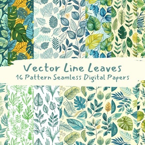 Puede incluir: Un conjunto de 16 papeles digitales con patrones sin costuras de hojas verdes y azules en línea. Los patrones son perfectos para crear invitaciones, tarjetas y otras manualidades de papel.