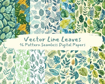 Vector Line Leaves Pattern Seamless Digital Papers scrapbook paper junk journal ephemera png instant download commercial use 300dpi
