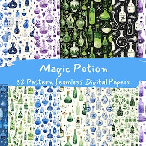 May include: A set of 22 digital paper patterns featuring watercolor illustrations of potion bottles with stars, flowers, and other magical elements. The patterns are seamless and can be used for scrapbooking, card making, and other craft projects.