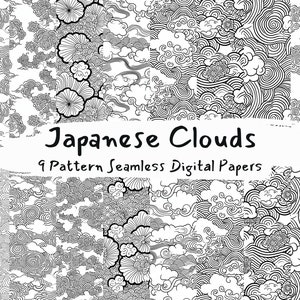 Könnte beinhalten: Neun schwarz-weiße digitale Papiermuster mit japanischen Wolken. Die Muster sind nahtlos und können für Scrapbooking, Kartenherstellung und andere Bastelprojekte verwendet werden.