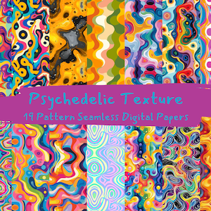 May include: A set of 19 digital papers featuring psychedelic patterns in a variety of colors, including yellow, blue, green, red, and purple. The patterns are seamless and can be used for a variety of creative projects.