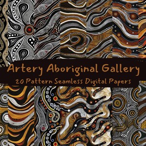 Puede incluir: Un conjunto de 20 papeles digitales con patrones de arte aborigen en negro, blanco, dorado y marrón. Los patrones están inspirados en el arte aborigen tradicional y presentan puntos, líneas y espirales.