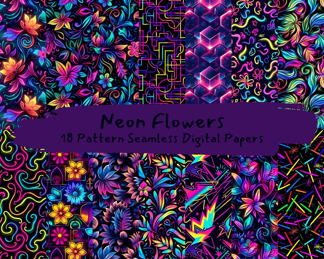 Neon Flowers Pattern Seamless Digital Papers - Printable Scrapbook ...