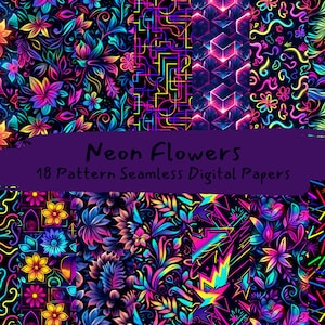 Neon Flowers Pattern Seamless Digital Papers - printable scrapbook paper instant download, commercial use, 300dpi