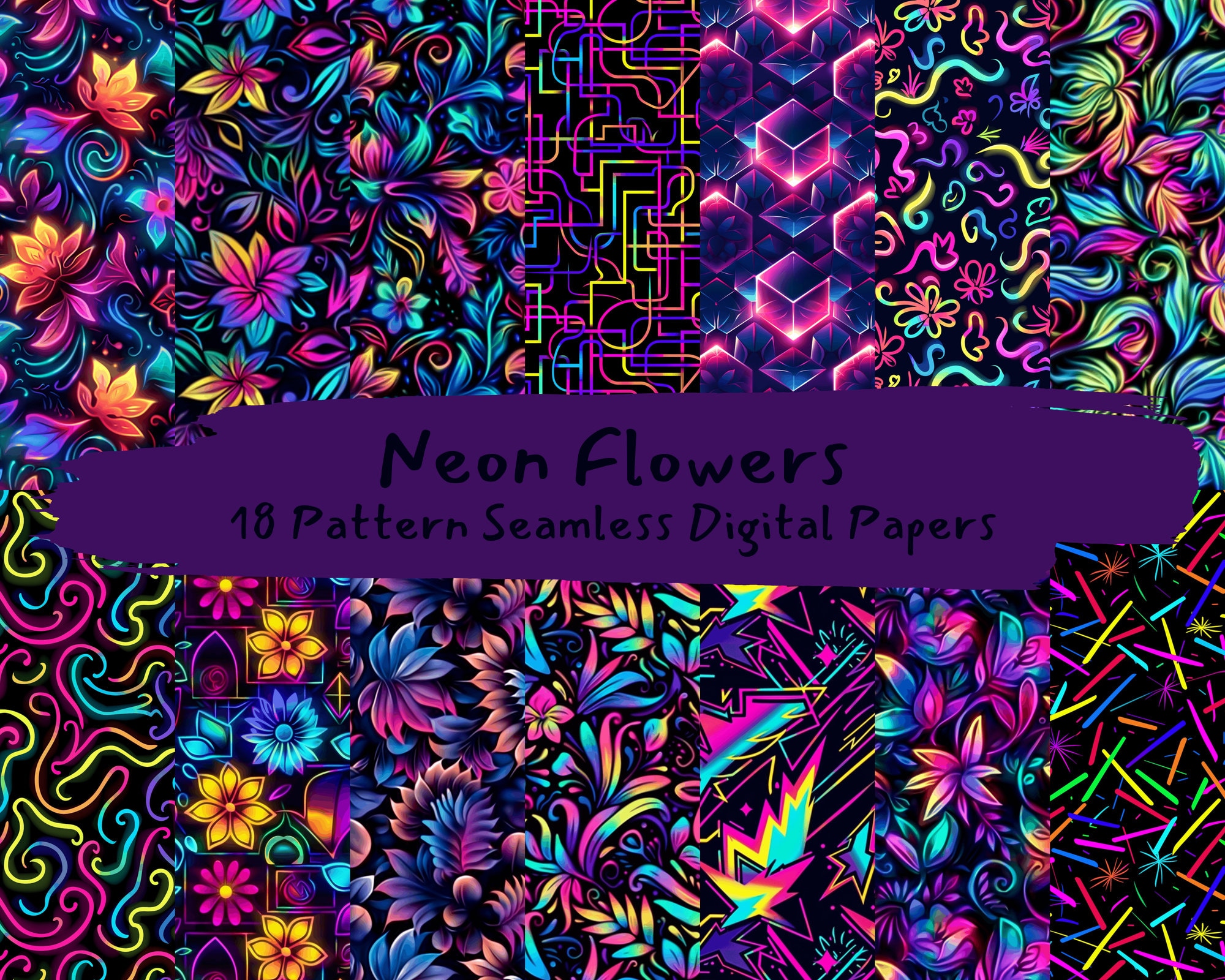 Neon Flowers Pattern Seamless Digital Papers - Printable Scrapbook ...