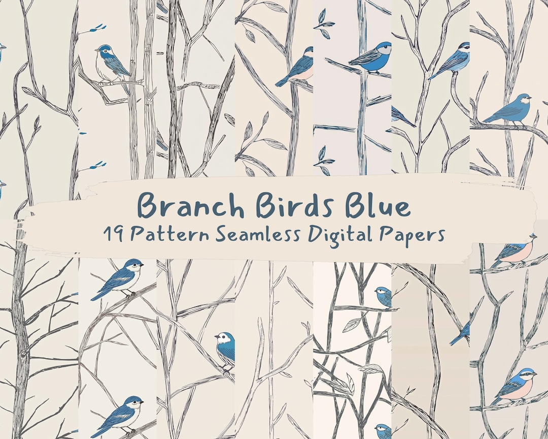 Branch Birds Blue Pattern Seamless Digital Papers - Printable Scrapbook ...