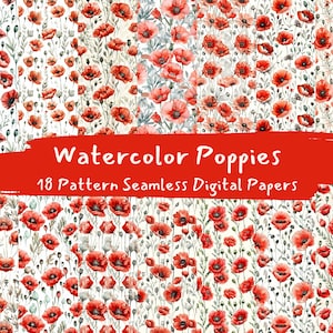 Watercolor Poppies Pattern Seamless Digital Papers - printable scrapbook paper instant download, commercial use, 300dpi