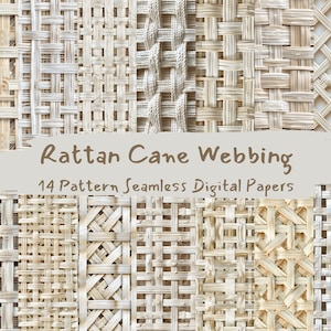 May include: A digital paper pack featuring 14 seamless patterns of woven rattan cane webbing in various styles. The patterns are in shades of beige and brown.