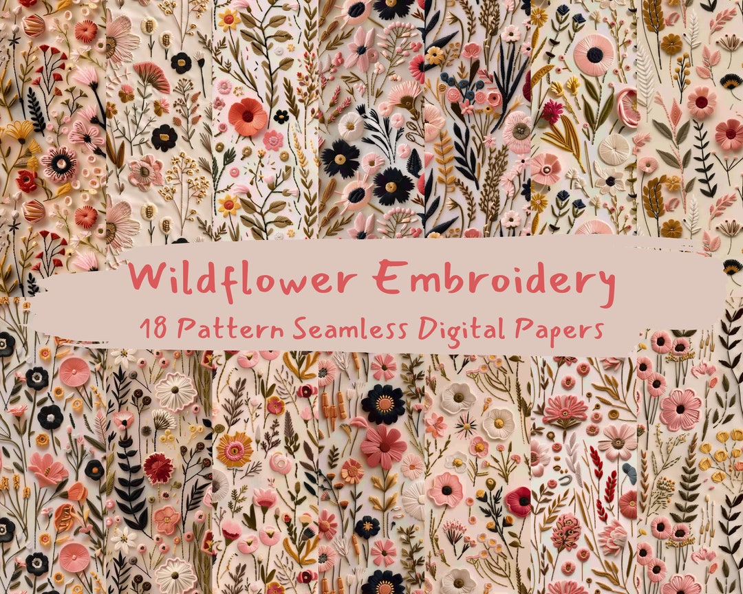 Wildflower Embroidery Pattern Seamless Digital Papers - Printable ...