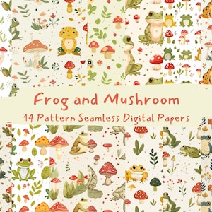 Peut inclure: Un ensemble de 14 papiers numériques avec des motifs sans couture de grenouilles et de champignons dans différentes couleurs et styles. Les motifs sont parfaits pour l'artisanat, le scrapbooking et autres projets créatifs.