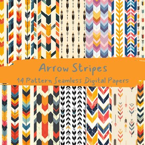 May include: A set of 14 digital papers featuring colourful arrow patterns. The patterns are seamless and can be used for a variety of projects, such as scrapbooking, card making, and digital design.