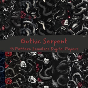 May include: A digital paper pack with 13 seamless patterns featuring black snakes and red and white roses on a black background. The text "Gothic Serpent" and "13 Pattern Seamless Digital Papers" is displayed on the image.