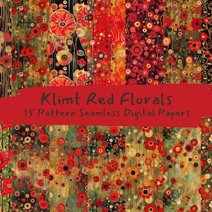 Könnte beinhalten: Ein digitales Papierpaket mit 15 nahtlosen Mustern mit roten Blumenmotiven, inspiriert vom Stil von Gustav Klimt. Die Muster enthalten verschiedene rote Blumen, Kreise und abstrakte Formen auf einem dunklen Hintergrund.