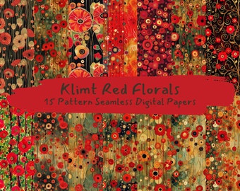 Klimt Red Florals Pattern Seamless Digital Papers - printable scrapbook paper png instant download commercial use 300dpi