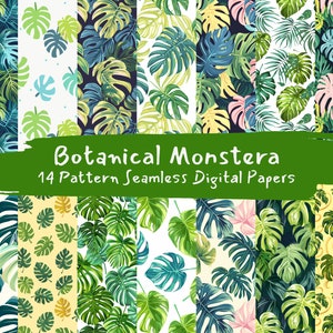 May include: A collection of 14 seamless digital papers featuring botanical Monstera leaf patterns. The designs showcase various shades of green, blue, and yellow, with some patterns on white and dark backgrounds. The text "Botanical Monstera" is displayed in white on a green banner.