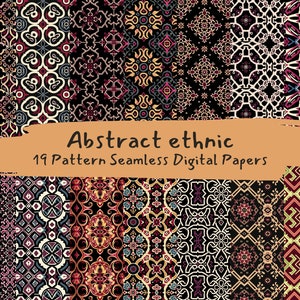 May include: A set of 19 digital papers featuring abstract ethnic patterns in a variety of colors, including black, red, yellow, and blue. The patterns are seamless and can be used for a variety of projects, such as scrapbooking, card making, and digital design.