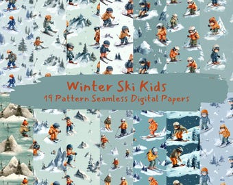 May include: A collection of 19 seamless digital papers featuring watercolor illustrations of children skiing in a winter landscape. The papers showcase kids in colorful ski outfits, set against snowy mountains and trees. The text "Winter Ski Kids" is displayed.