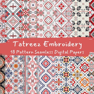 Tatreez Embroidery Pattern Seamless Digital Papers - printable scrapbook paper png instant download commercial use 300dpi