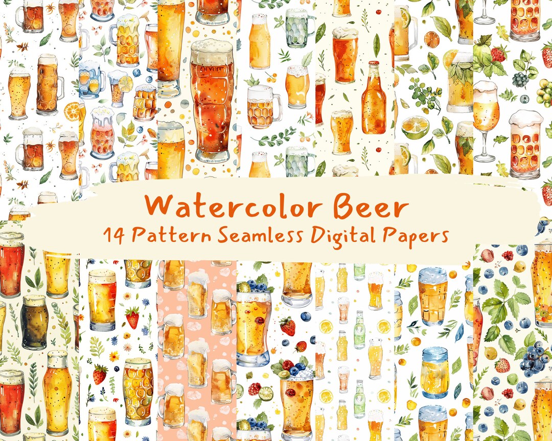 Watercolor Beer Pattern Seamless Digital Papers - Printable Scrapbook ...