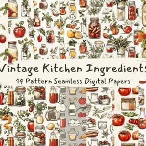 Op de afbeelding: Een set van 14 digitale papierpatronen met vintage keuken ingrediënten. De patronen bevatten illustraties van potten, flessen, fruit, groenten en specerijen. De patronen zijn naadloos en kunnen worden gebruikt voor een verscheidenheid aan projecten, zoals scrapbooking, kaart maken en digitaal ontwerp.