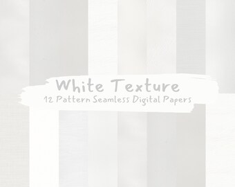 May include: A set of 12 digital papers featuring white textures. The textures include stripes, linen, and wood grain. The text "White Texture 12 Pattern Seamless Digital Papers" is written in gray on a white background.