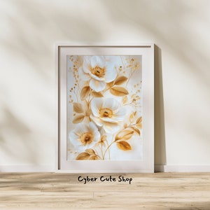 May include: A framed painting of white flowers with gold accents on a white background. The flowers are arranged in a bouquet and the painting is framed in a white frame. The text "Cyber Cute Shop" is printed below the painting.