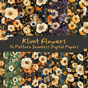 Klimt Flowers Pattern Seamless Digital Papers - printable scrapbook paper png instant download commercial use 300dpi